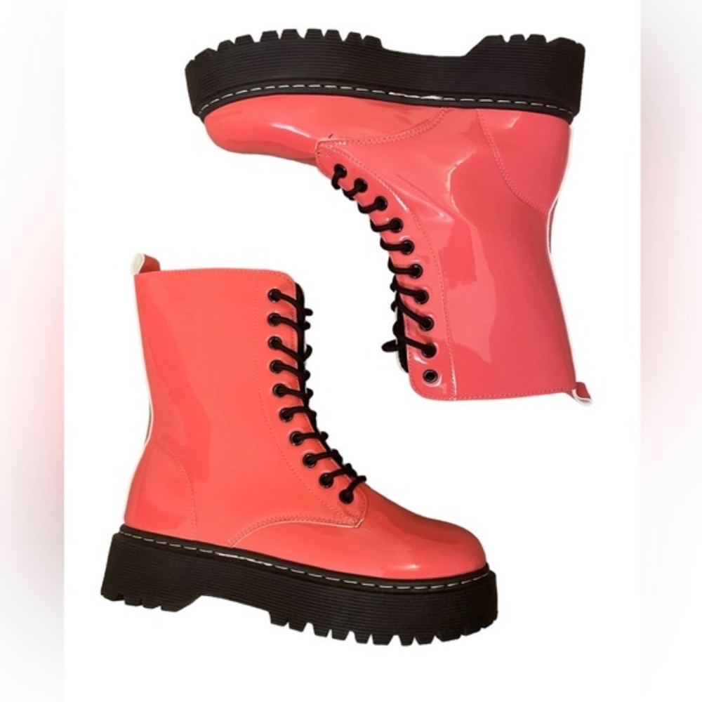 Coral Bright Pink and Black Unilady Combat boots size 8